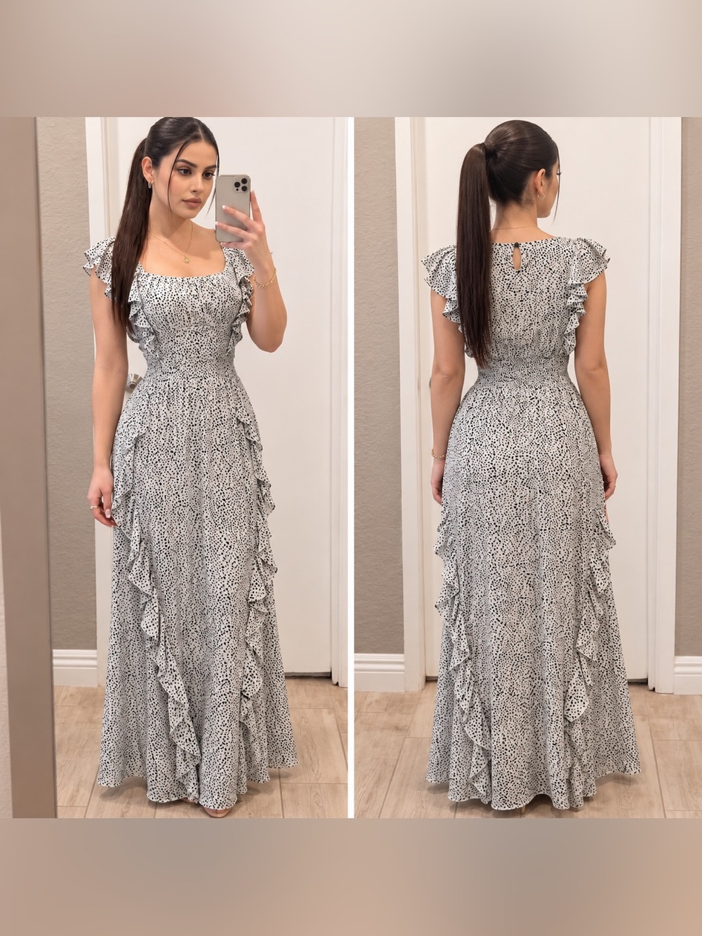 Smocked Waist Ruffle Maxi Dress in Black & White